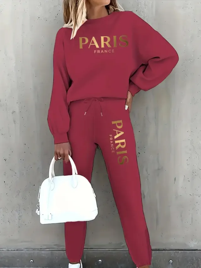 Letter Printing Long Sleeve Crew Neck Sweater Leisure Sports Fleece lined Suit Wine Red - Shop at LoveMi