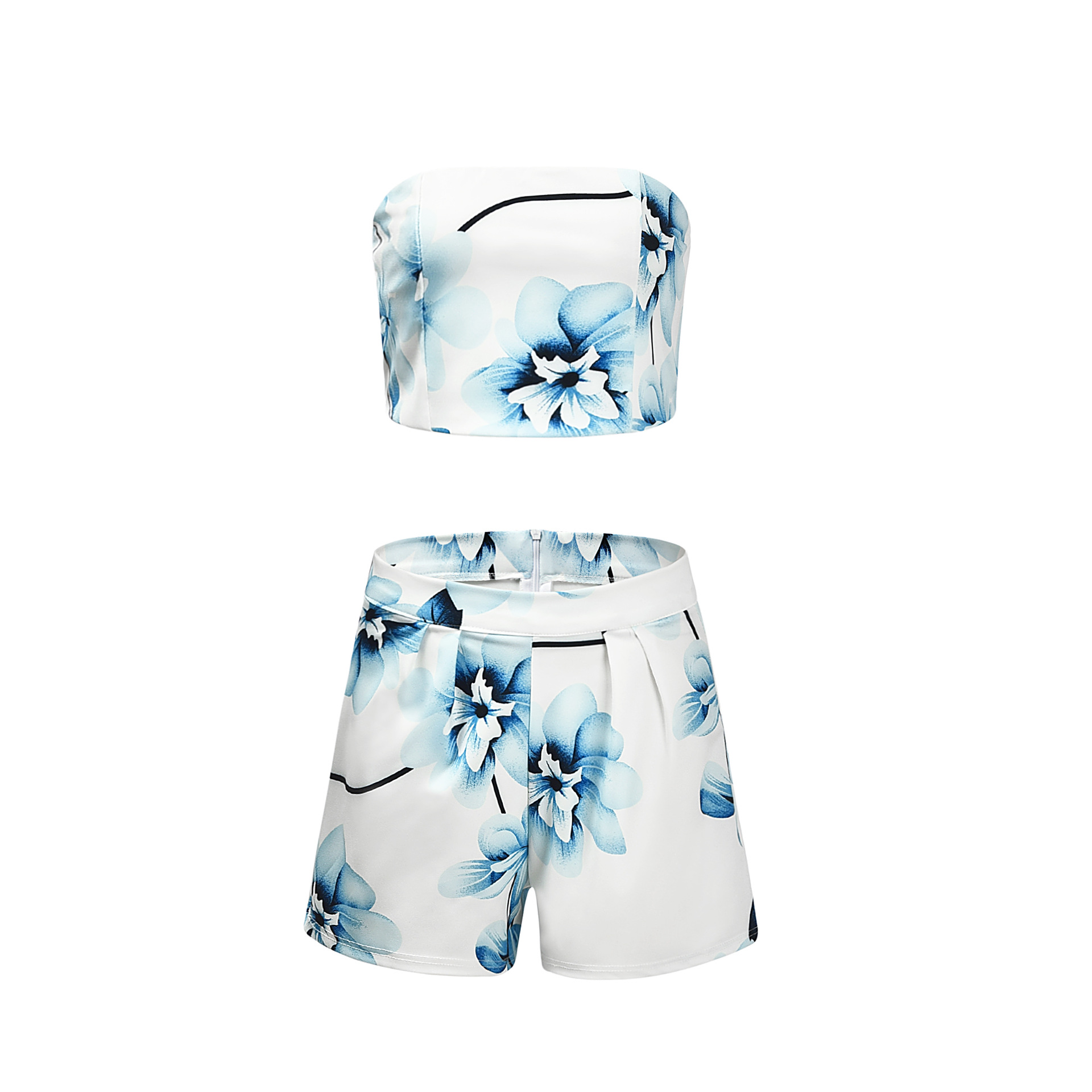Printing Suit Tube Top Belly showing Tops Shorts White And Blue - Shop at LoveMi