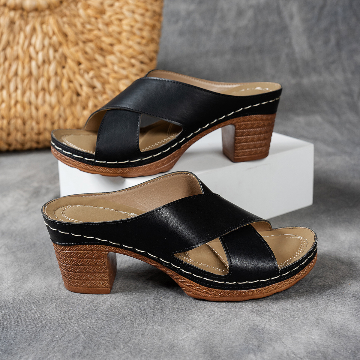 Cross-Strap High-Heel Slippers