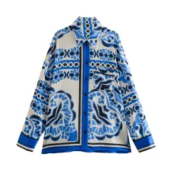 Spring New European And American Printing Drape Loose Shirt Elastic Waist Pajamas Wind Length Blouse And Pants - Shirt-L - View 1