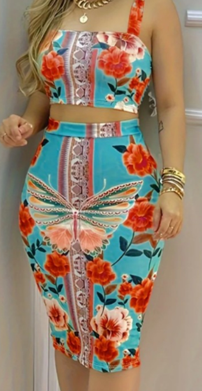 Women's Fashion Printed Suspenders Skirt Suit Flower - Shop at LoveMi