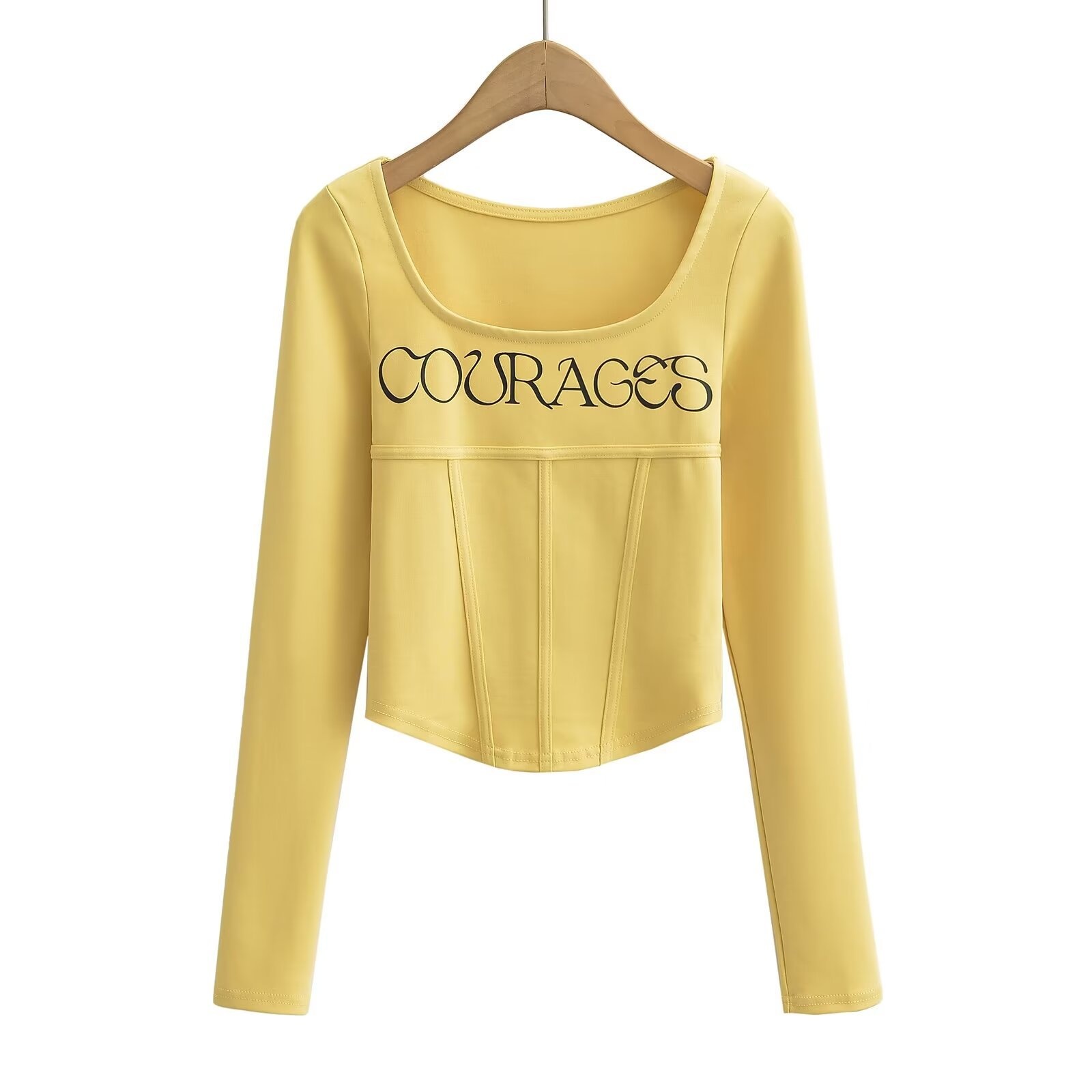 Big U-neck Low Cut Letter Splicing Long Sleeve Skinny Short Sexy Base Shirt Wholesale