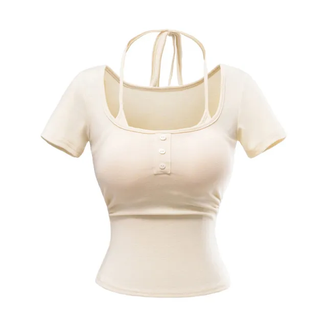 Sweet And Spicy Halter Lace up Slim fit With Brassiere Pad Fake Two Pieces Short Sleeve T shirt White - Shop at LoveMi