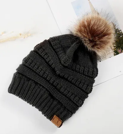 Warm Hat Thickening Not Fleece lined Knitting Plus Fur Ball Dark Gray - Shop at LoveMi