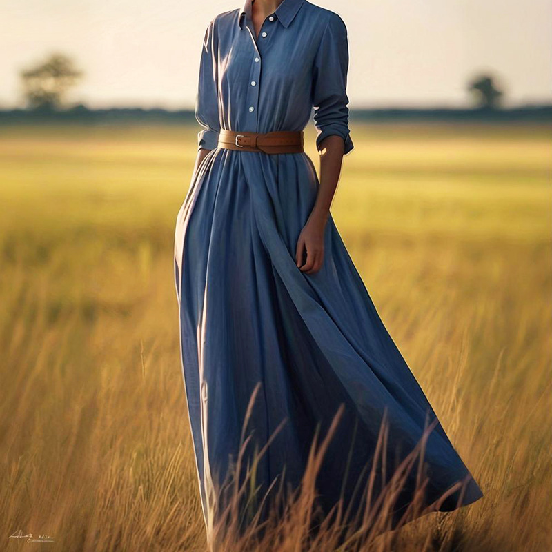 Womens Fashion Long-sleeve Vintage-style Midi Dress