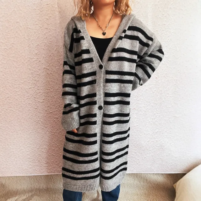Hooded Color Contrast Striped Retro Casual Loose Sweater Gray - Shop at LoveMi