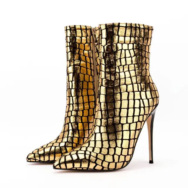 New Stiletto Heel Square Plaid Ankle Boots Gold - Shop at LoveMi