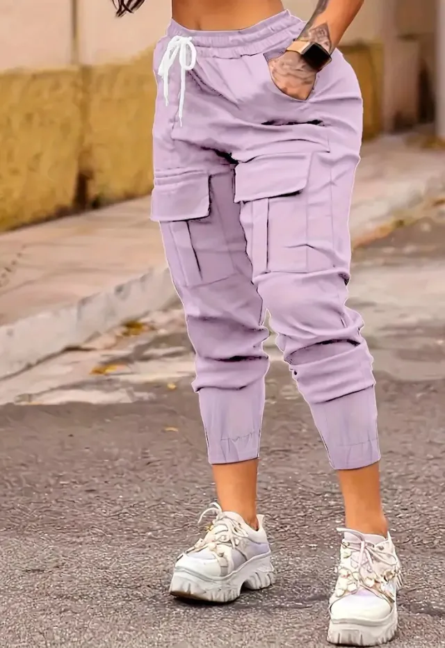 Plus Size Fashion Drawstring Bag Pocket Casual Working Pants Violet - Shop at LoveMi