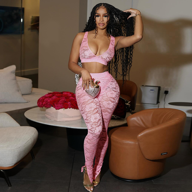 Spaghetti Straps Chest Wrap Stitching Lace Slim Fit Midriff-baring Trousers Suit