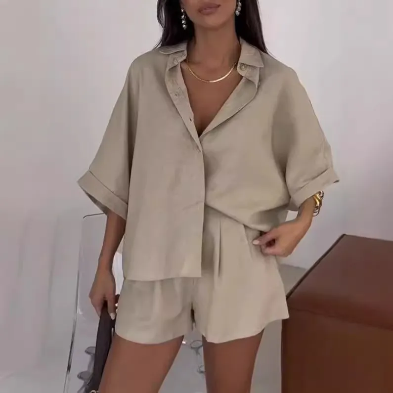Fashion Polo Collar Half Sleeve Top And Shorts Two-piece Set