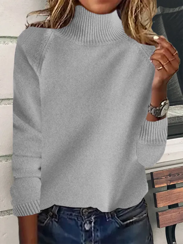 Women's Raglan Turtleneck Sweater Thickened High Stand Collar Gray - Shop at LoveMi