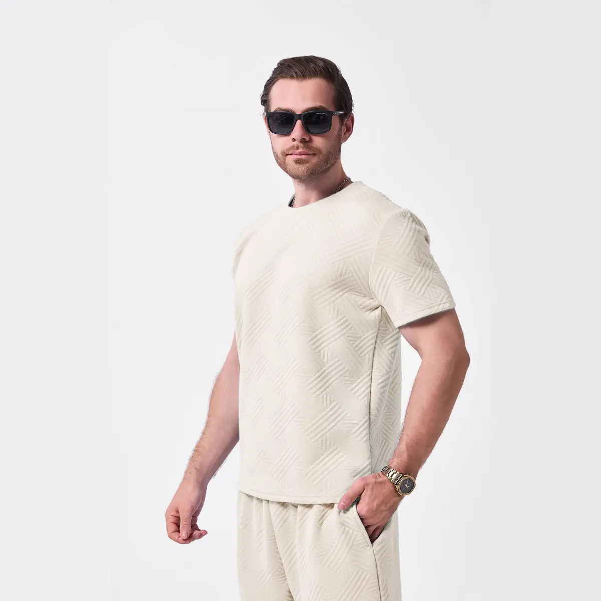 Jacquard Simple Casual Crew-Neck Short-Sleeve Top