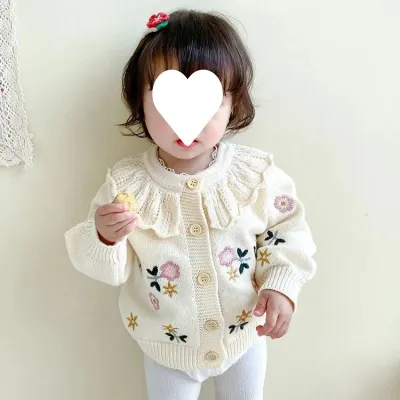 Children's Flower Embroidered Lotus Collar Knitted Warm Long Sleeve Cardigan Jacket