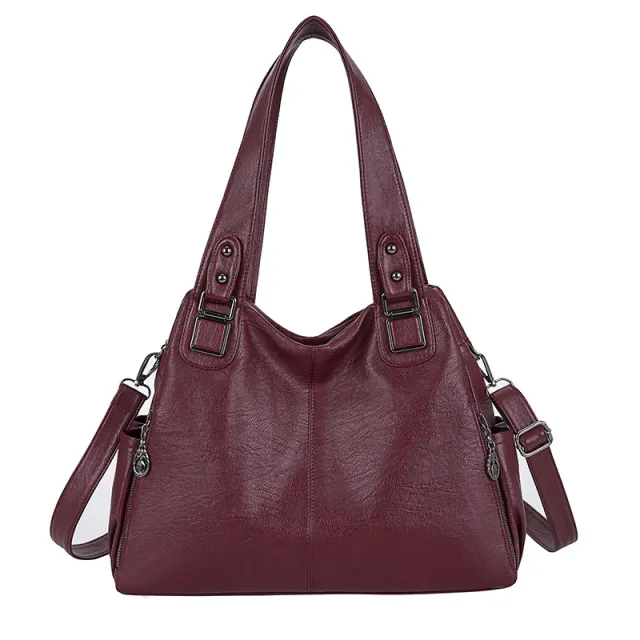 Soft Leather Large Capacity Women Hand carrying Crossbody Bag Fashionable All match Burgundy - Shop at LoveMi