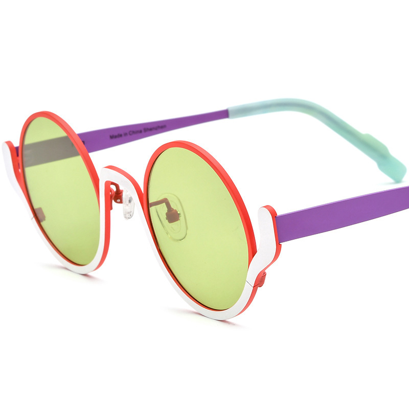 Female Casual Versatile Color Blocked Pure Titanium Round Sunglasses