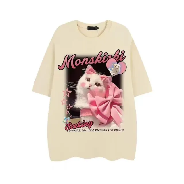 American Creative Loves And Cats Printed Loose Short Sleeve T shirt Apricot - Shop at LoveMi