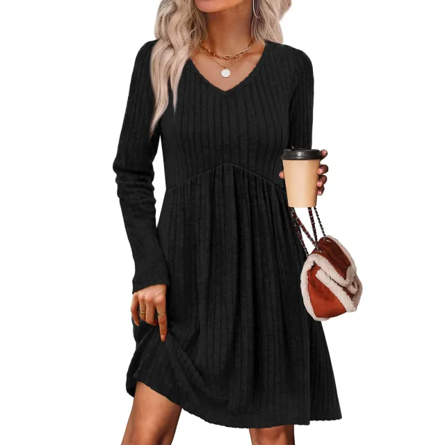 Ribbed, Brushed Back Long Sleeve Casual Pleated Pocket Dress Black - Shop at LoveMi