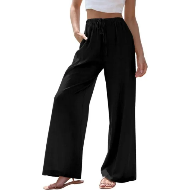 Loose Casual Pocket Drawstring Wide leg Pants For Women Black - Shop at LoveMi
