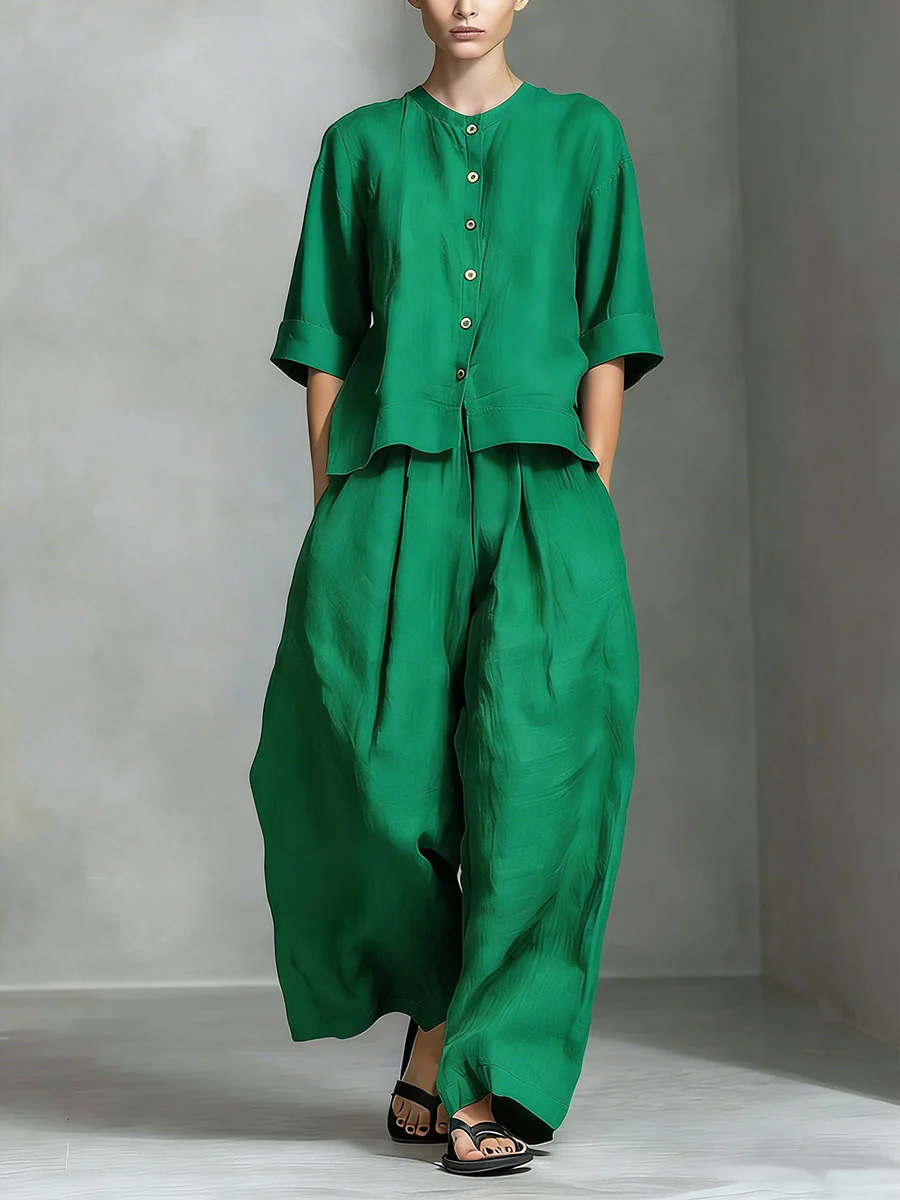 Pink three-quarter sleeve shirt and loose trousers two-piece set – solid color casual women's style