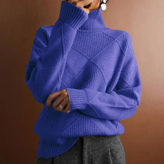 Loose High Collar Warm Sweater Solid Color Knitted Women Blue Light - Shop at LoveMi