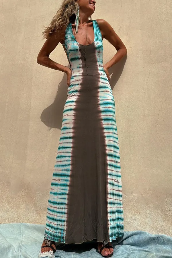Positioning Printing Backless Lace Up Long Dress - Shop at LoveMi