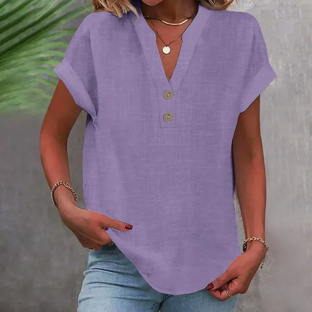 Stand Collar Button Short Sleeve Women's Shirt Light Purple - Shop at LoveMi