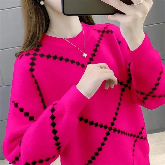 Western Style Loose fitting Pullover Round neck Knitted Bottoming Shirt Top Rose Red - Shop at LoveMi