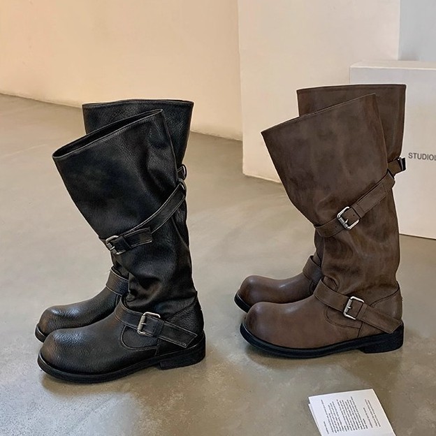 Wide-calf Round-toe Color-block Chunky-heeled Platform Boot