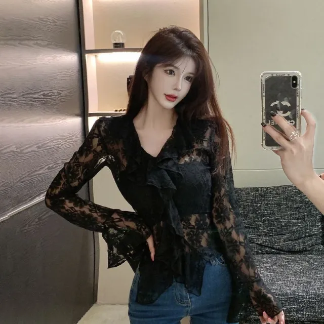 V neck Flounce Hollow out Lace Shirt Women's Flared Long sleeved T shirt Black - Shop at LoveMi