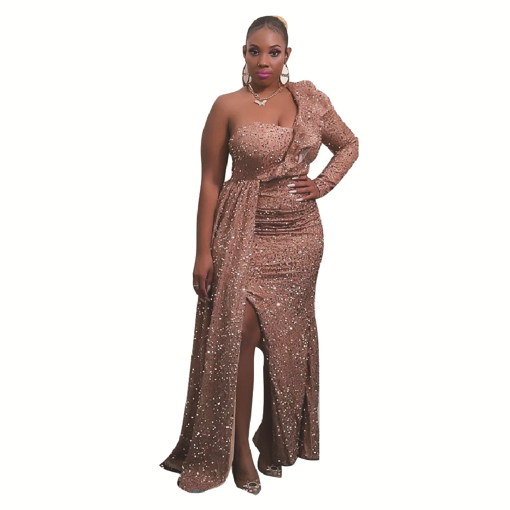 Fashion New One Shoulder Sequin Bridesmaid Party Long Dress Khaki - Shop at LoveMi