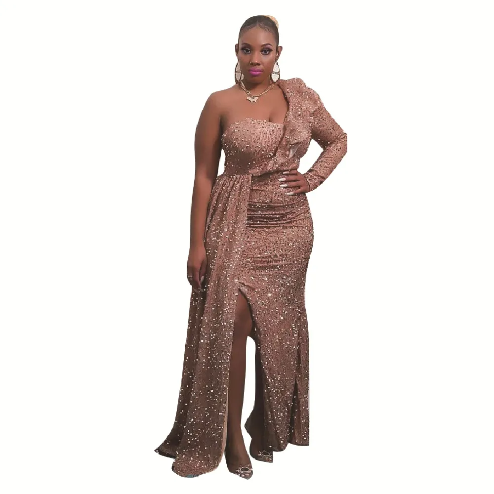 Fashion New One Shoulder Sequin Bridesmaid Party Long Dress - Khaki
