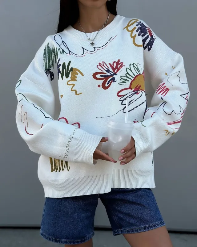 Design Color Brocade Sweater Women's Autumn Crew Neck White - Shop at LoveMi