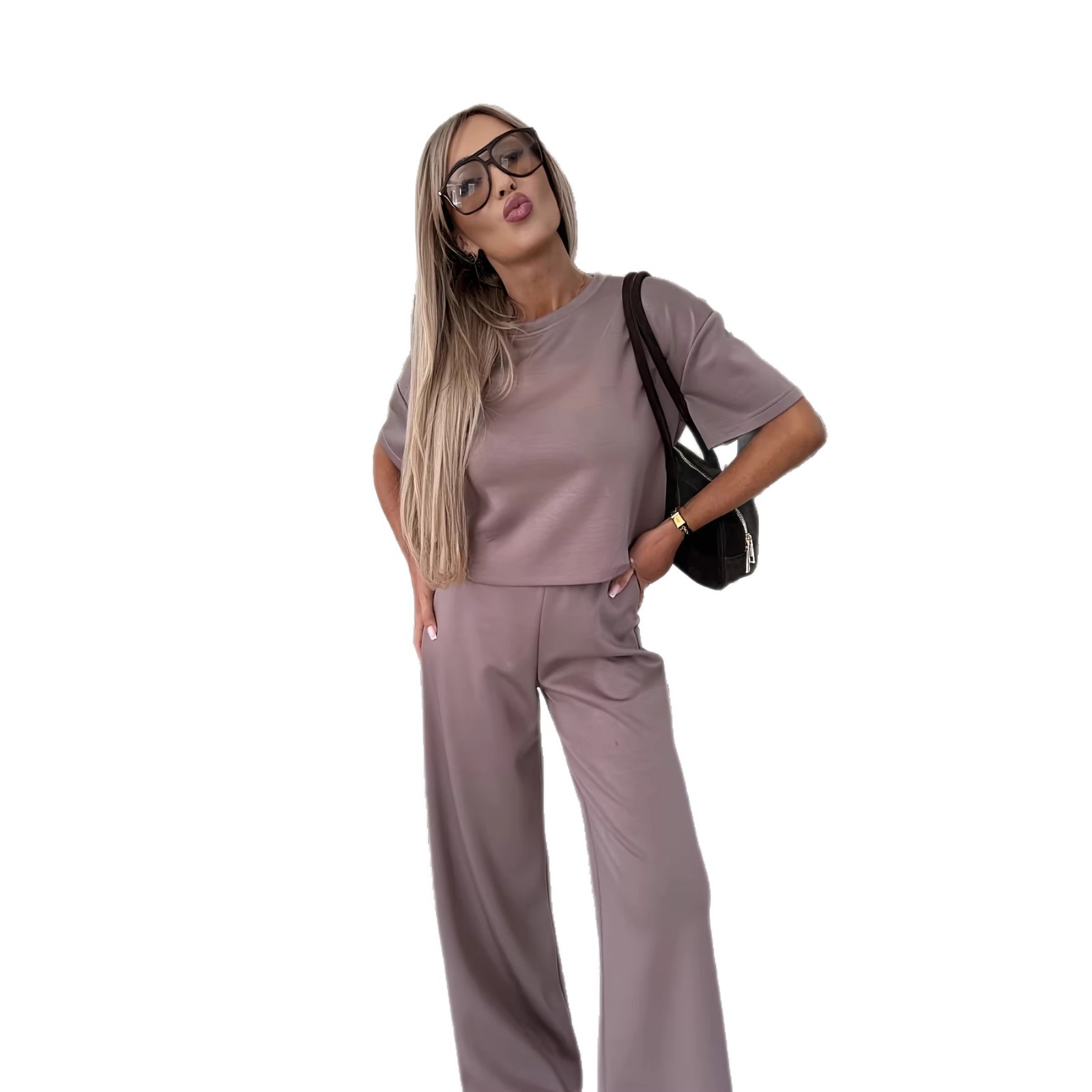 Short-sleeve Top And Wide-leg Pants Rose-pink Two-piece Womens Set 4
