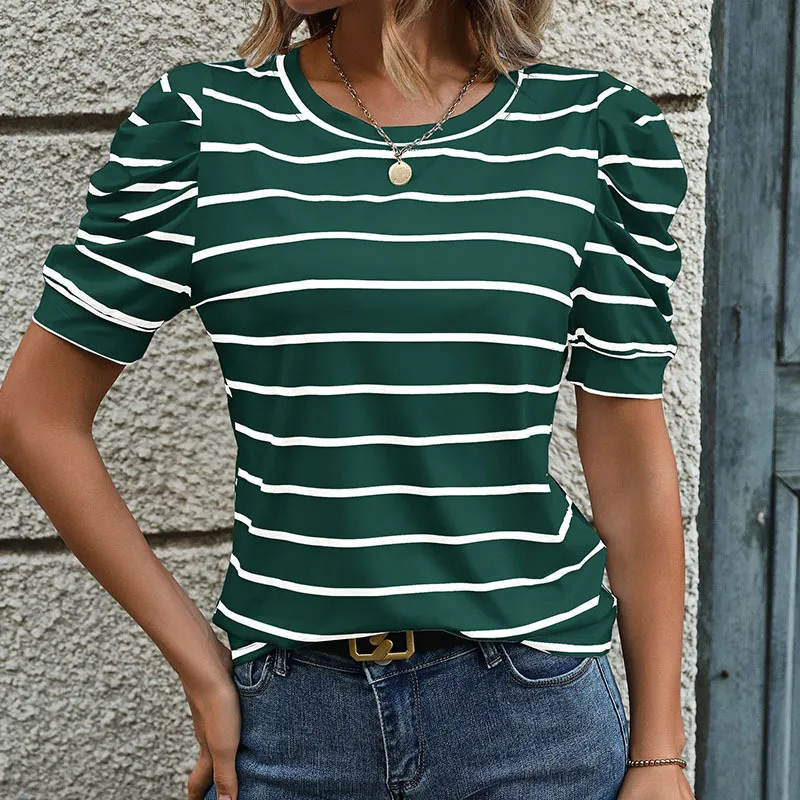 Striped Pullover T-shirt Women's Casual Top - Dark Green