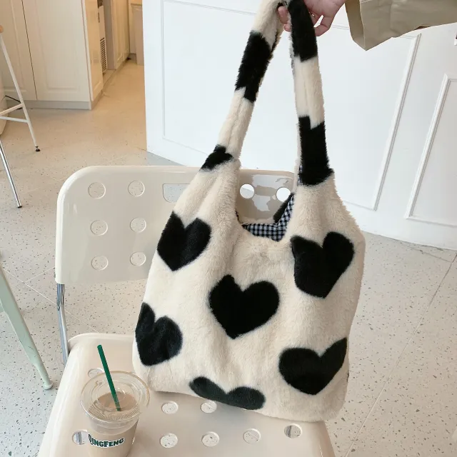 Women's Plush Loving Heart Large Shoulder Bag Beige - Shop at LoveMi