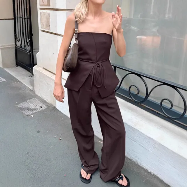 European And American Cross border Brown Tube Top Wide leg Pants Two piece Set Women's Summer Fashion Vest Suit Design Sense Women's Clothing Dar... Dark Brown - Shop at LoveMi