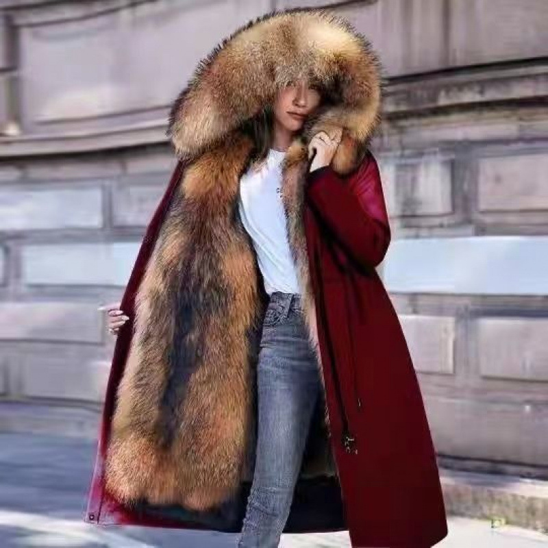 Womens Fur Coat Faux Fox And Raccoon Fur One-Piece Thickened Cotton Jacket