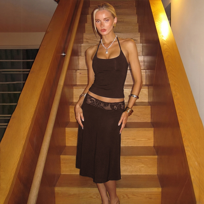 Womens Sexy Chic Two-Piece Set Spaghetti-Strap Camisole And Lace-Patchwork Midi Skirt