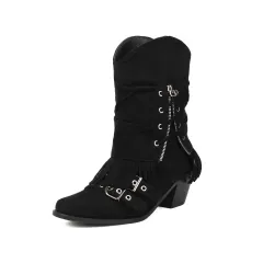 Female Boots Fleece-lined Tassel Buckle Pleated - Black - View 1