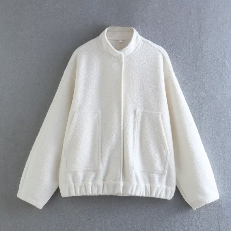 Women's Single breasted Stand Collar Large Pocket Loose Bomber Jacket White - Shop at LoveMi