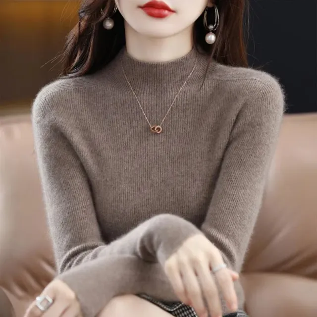 New Slim fit Figure flattering Sweater With A Half high Neckline Camel - Shop at LoveMi