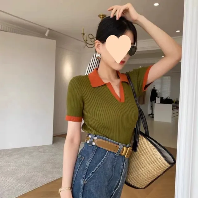 Women's French Retro Color Effect Collar Knitted Short Sleeve Green - Shop at LoveMi