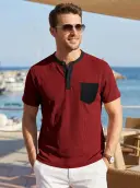 Mens Color-Block Pocket Waffle-Knit Henley T-Shirt view 7