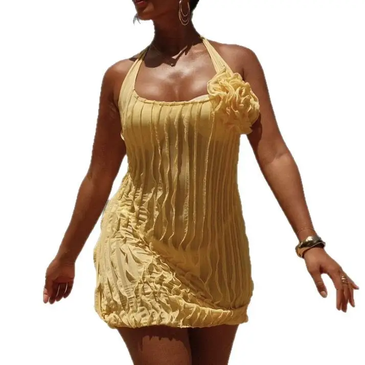 Women's Hanging Neck Pleated Flower Dress
