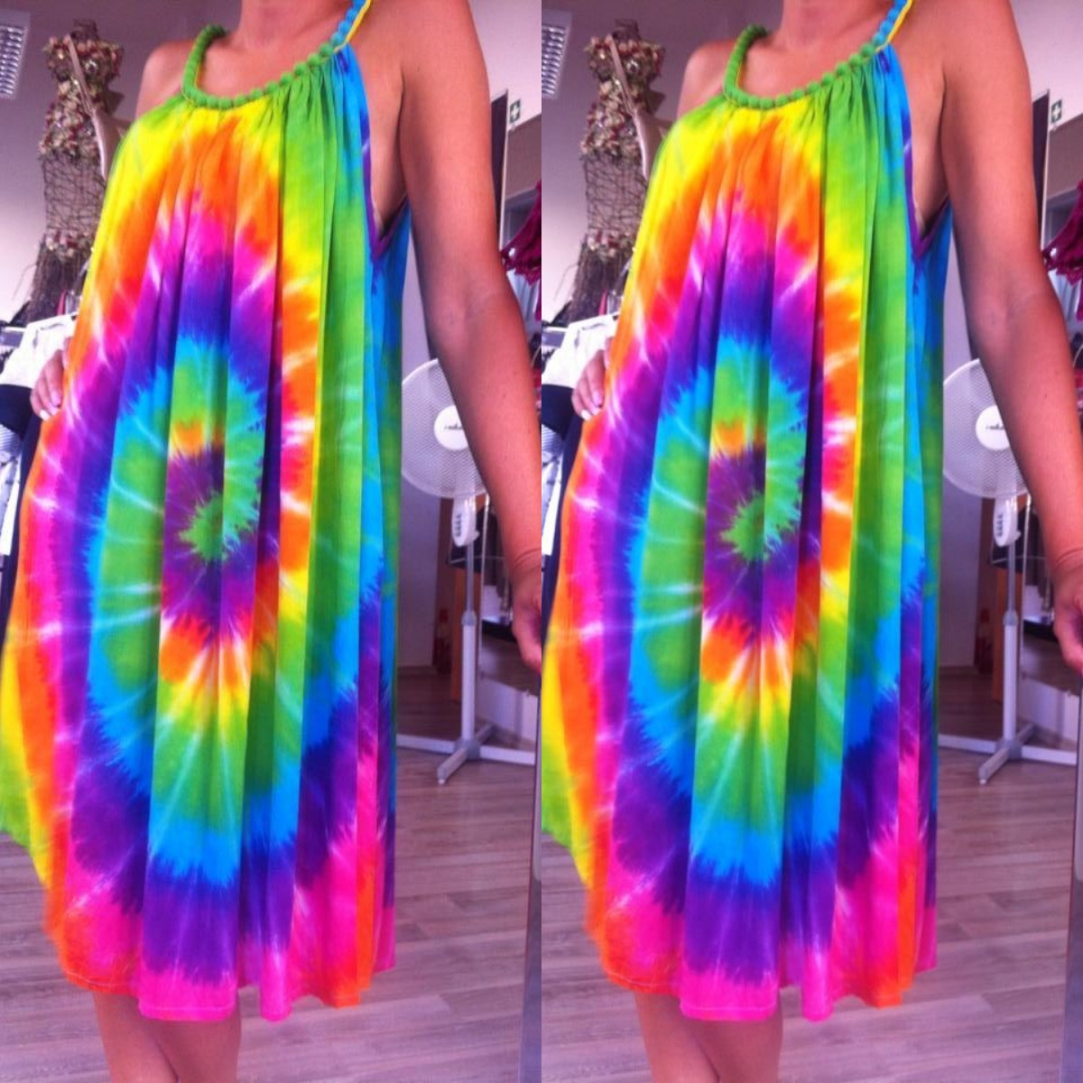 Tie-dye 3D Printed Bohemian Off-the-shoulder Strap Mopping Dress