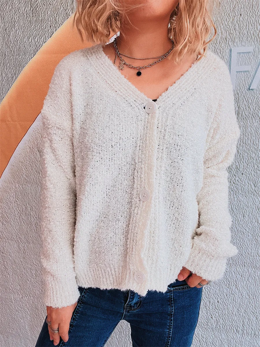 Solid Colour And V-neck Single-breasted Long Sleeve Seersucker Knitted Cardigan Coat For Women - White