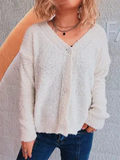 Solid Colour And V-neck Single-breasted Long Sleeve Seersucker Knitted Cardigan Coat For Women - White - View 1