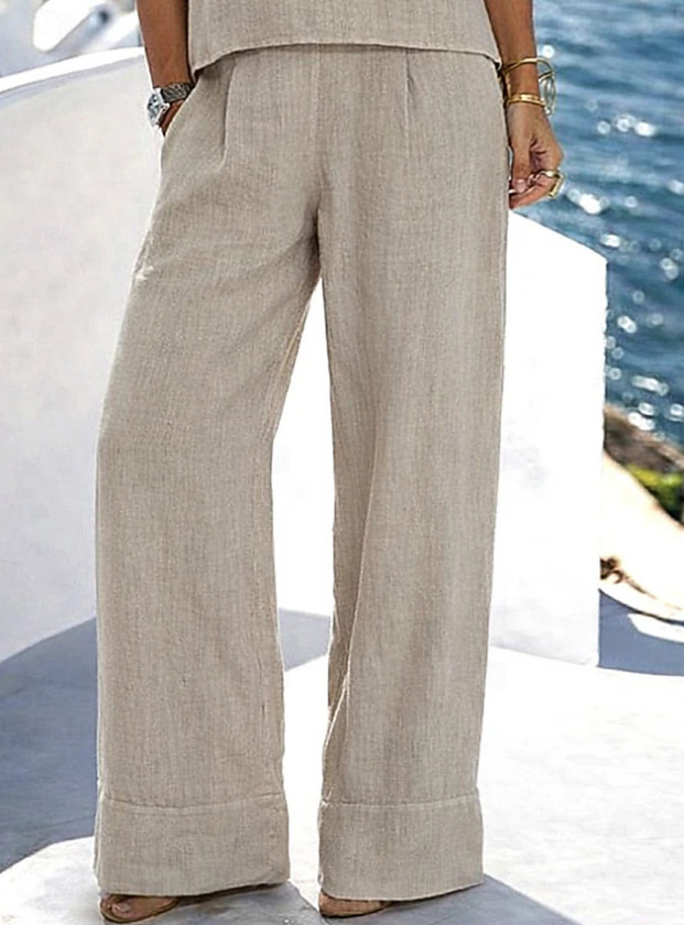 Women's resort two-piece set in gray – short sleeve top and wide-leg pants