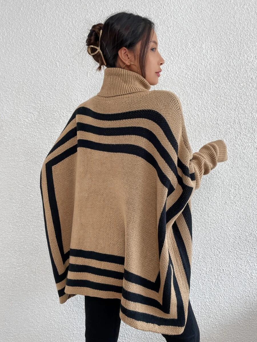 Title 4, Turtleneck Striped Batwing Sleeve Cape And Shaw...