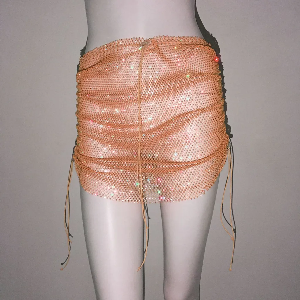 Punk Rhinestone Spaghetti Strap Bra Music Festival Top - Skin Color Short Skirt